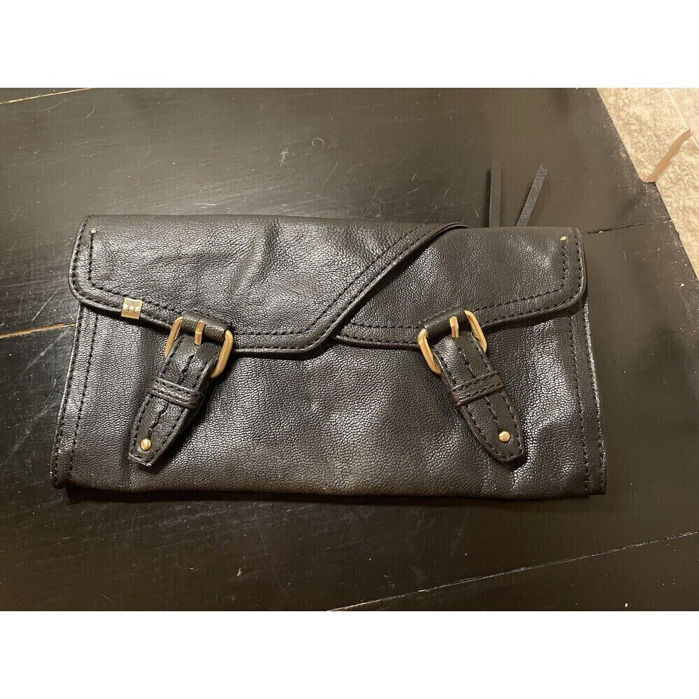 Schuler & Sons Philadelphia Black Leather Clutch Bag Buckles Anthropology